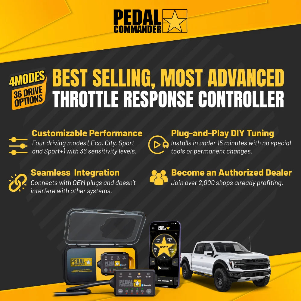 Advertisement for Pedal Commander throttle response controller with product and vehicle on a yellow and black background.