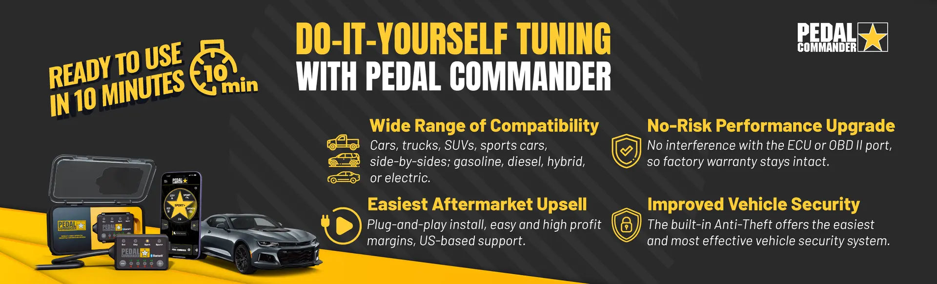 Advertisement for Pedal Commander vehicle tuning system with text and images of car parts on a dark background.