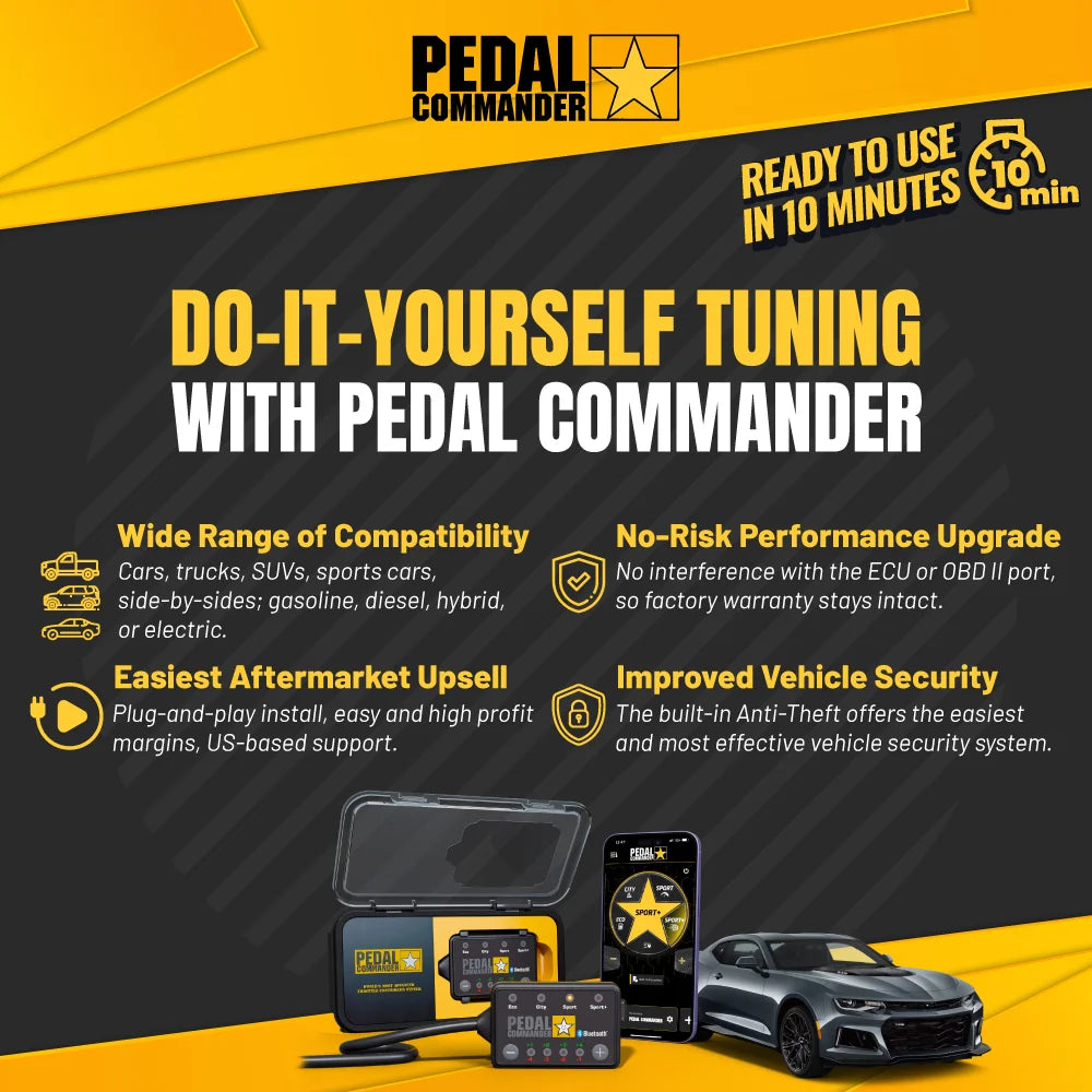 Advertisement for Pedal Commander DIY tuning kit with text and product images on a yellow and black background.
