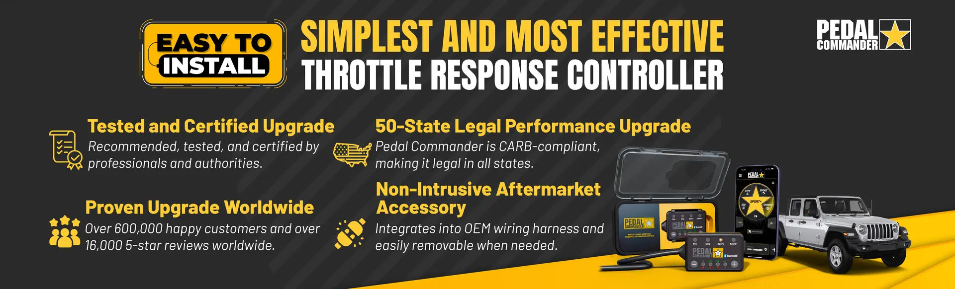 Advertisement for a throttle response controller with text and images of the product and a vehicle.