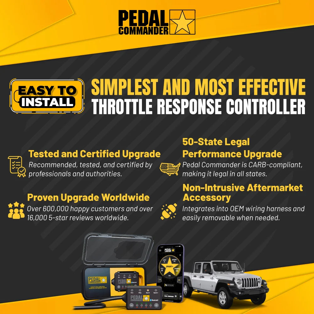 Advertisement for Pedal Commander throttle response controller with product display and text on a black and yellow background.