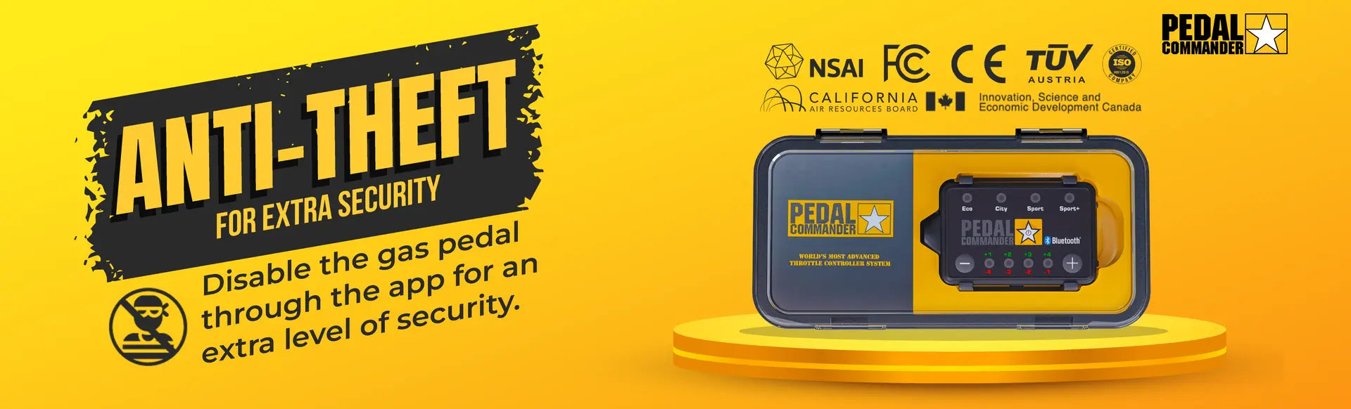 Anti-theft device for vehicles with text and branding on a yellow background