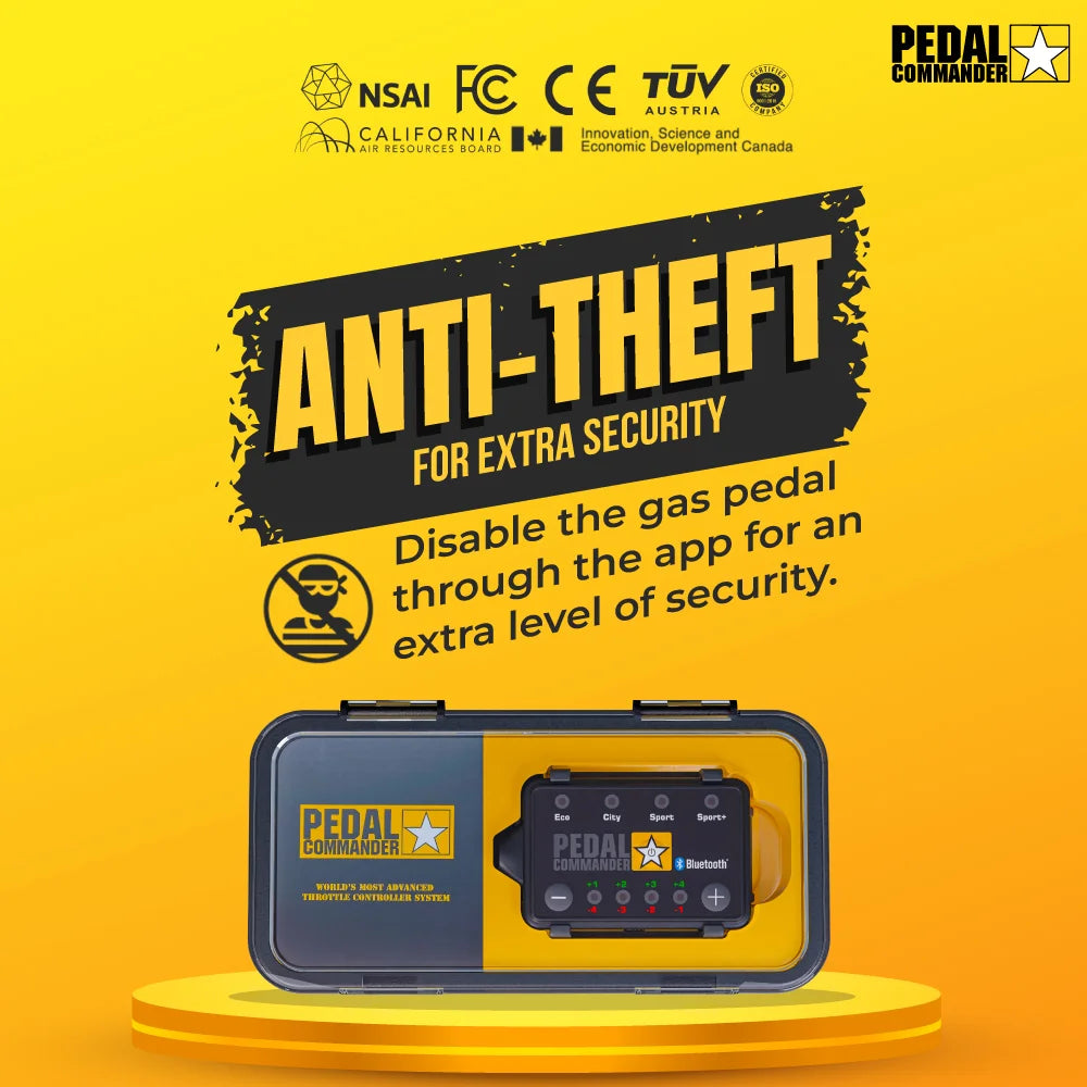 Pedal Commander anti-theft device packaging with branding and certification logos on a yellow background