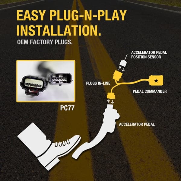 Merchant Pedal Commander PC77 has an easy plug-n-play installation between your accelerator pedal sensor and accelerator pedal